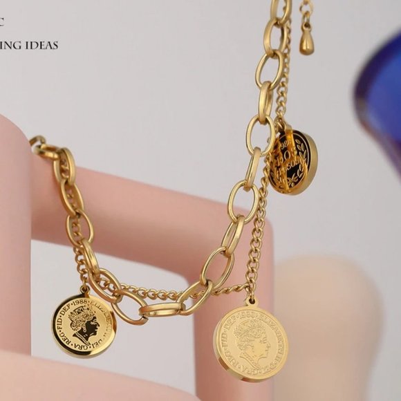 New 18K Gold Plated Vintage Coin Queen Elizabeth Link Chain Layered Bracelet - Picture 4 of 5